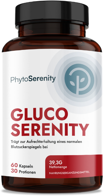 Eine Flasche ‚Gluco Serenity‘ vor neutralem Hintergrund, die das klare Design und die klare Etikettierung des Produkts hervorhebt.